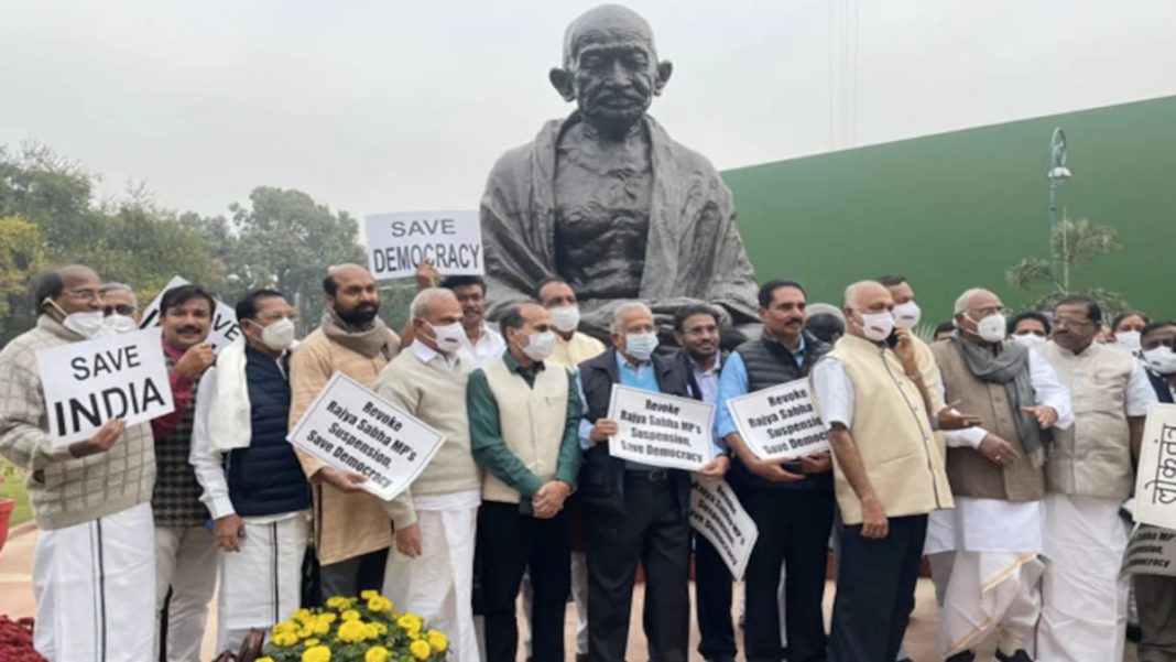 Protest by suspended Rajya Sabha MPs