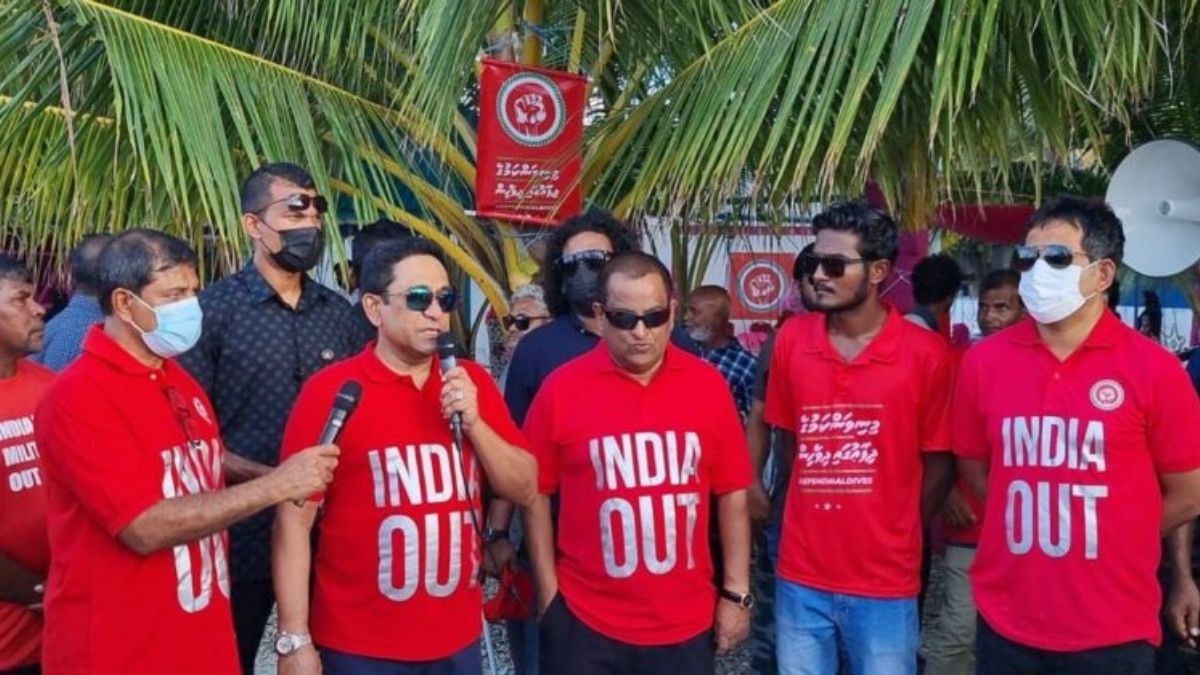 Former Maldives President Abdulla Yameen speaking at a demonstration as part of the 'India Out' campaign.