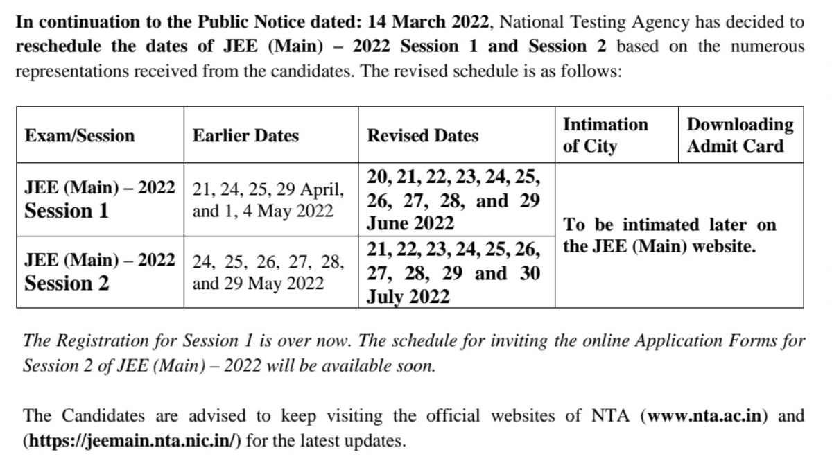 NTA reschedules JEE main exam dates for both session 1 and 2