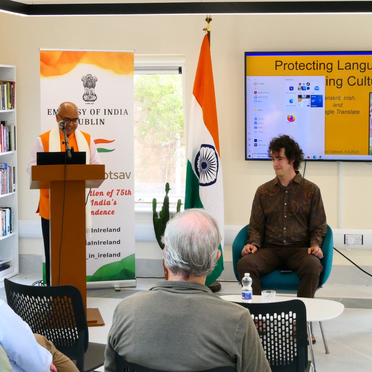 PROTECTING SANSKRIT: H.E. Akhilesh Mishra, Indian Ambassador to Ireland (L) welcomes Isaac R Caswell, senior software engineer, Google Research, at the Indian Embassy in Dublin on June 4, Friday.