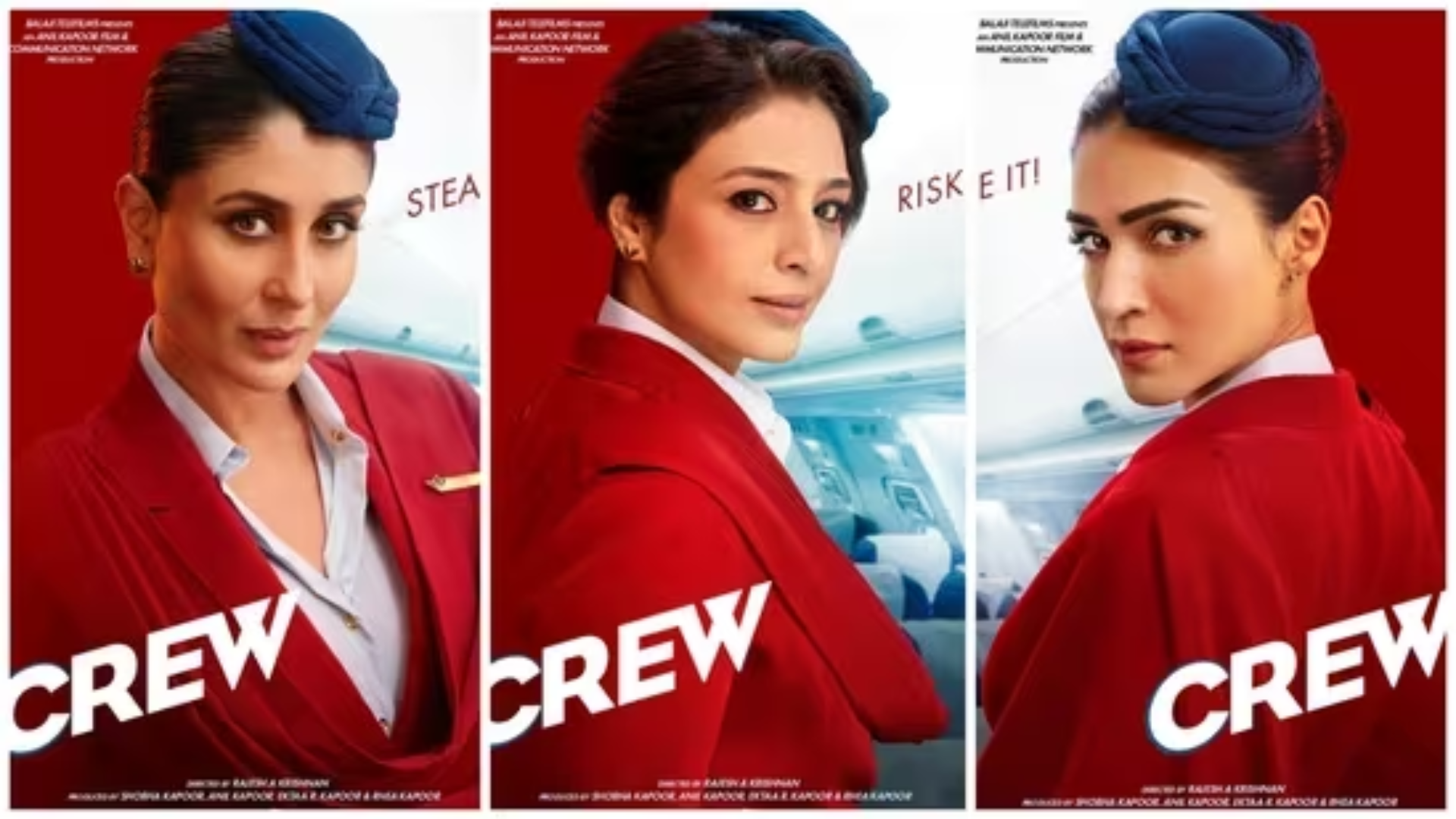 “Crew” 1st Look Poster OUT, Kareena, Tabu, and Kriti Dazzling In Red