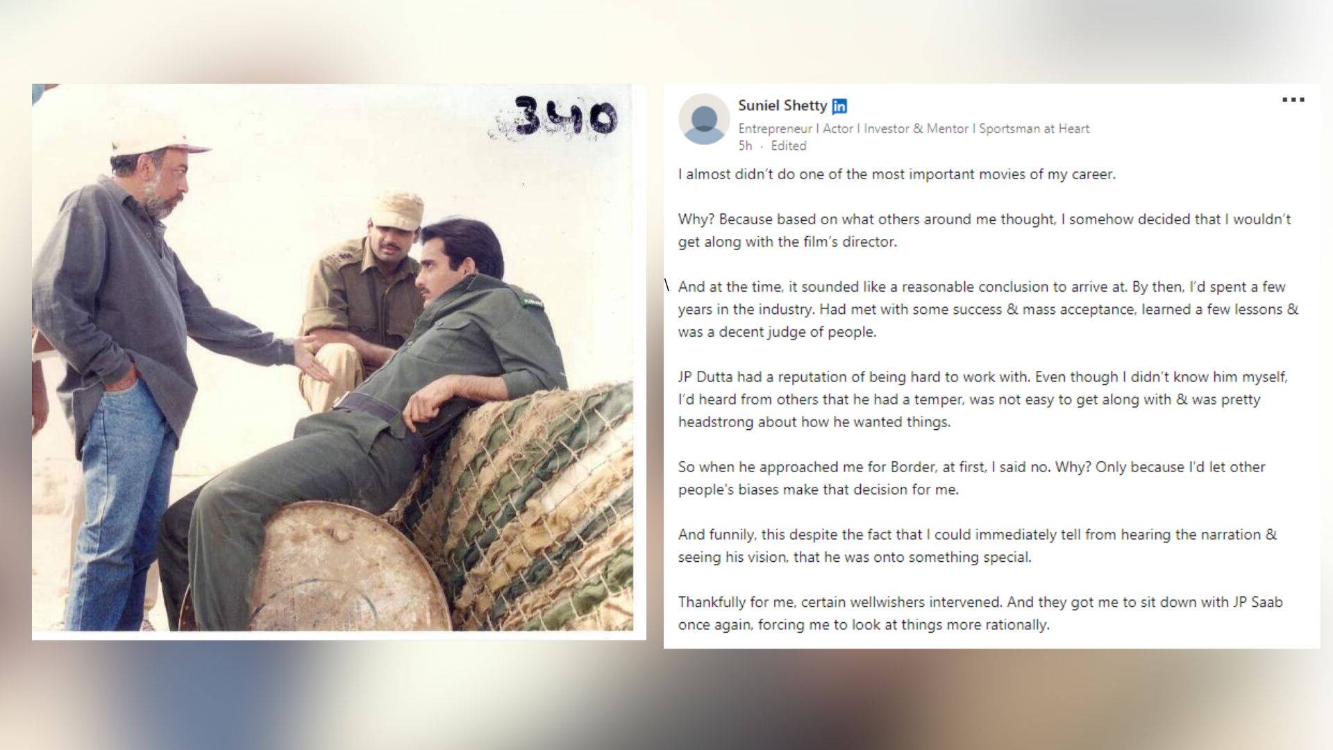 Suniel Shetty Reveals Close Call with Iconic Role in “Border” in LinkedIn Post