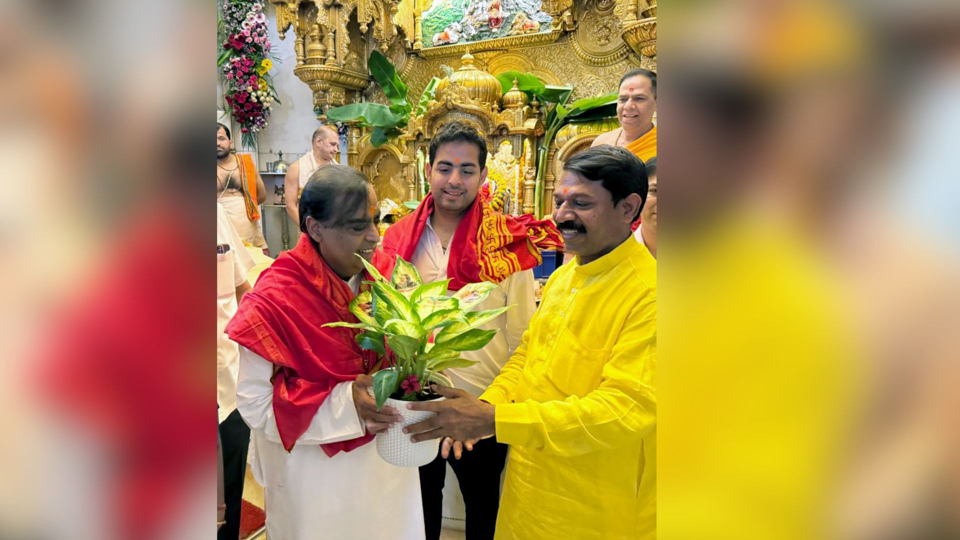 Mukesh Ambani Visits Siddhivinayak Temple with Son Akash and Daughter-in-law Shloka
