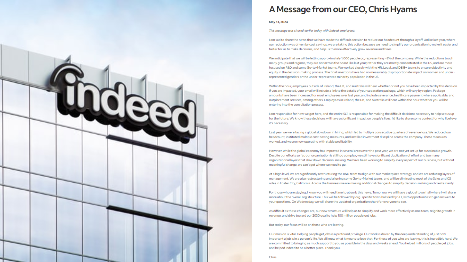CEO Apologizes As Indeed Cuts Jobs for 1,000 Workers Amid Layoffs
