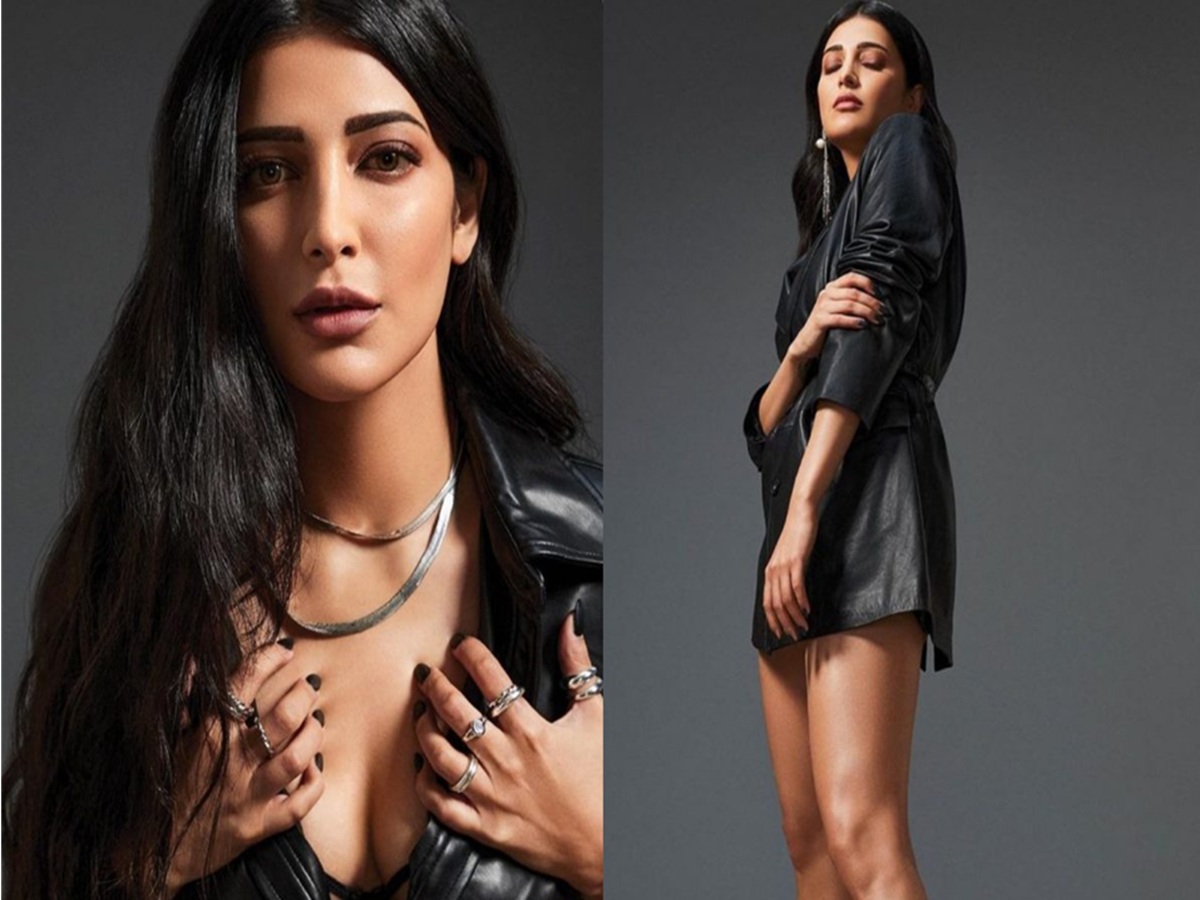 Shruti Haasan in a plunging neckline outfit, exuding bold elegance and confidence.