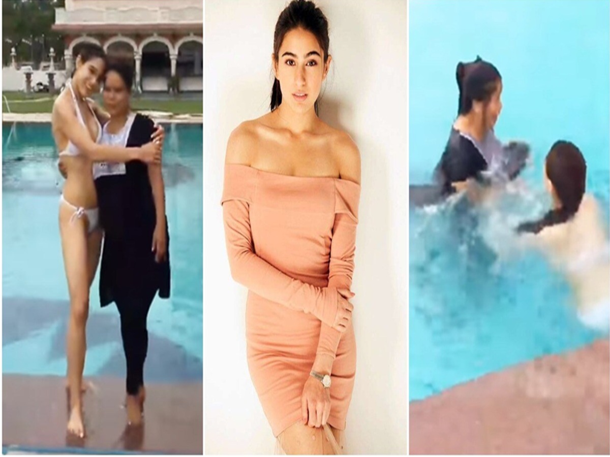 Sara Ali Khan smiling beside a pool moments before pushing her spot girl in as a prank