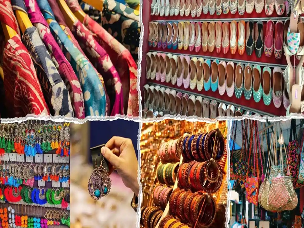 Colorful fabric shops and street stalls in Lajpat Nagar Market, Delhi