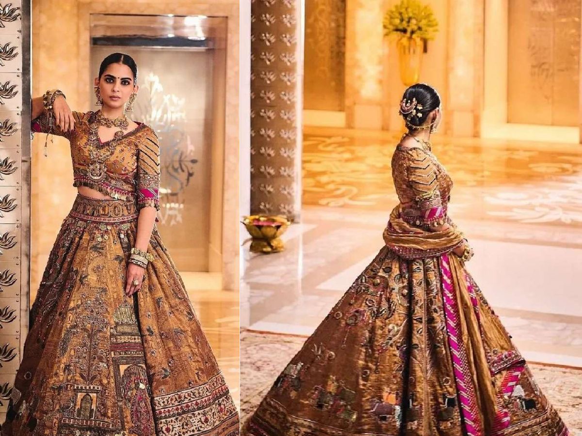 Antique gold temple lehenga by Anuradha Vakil