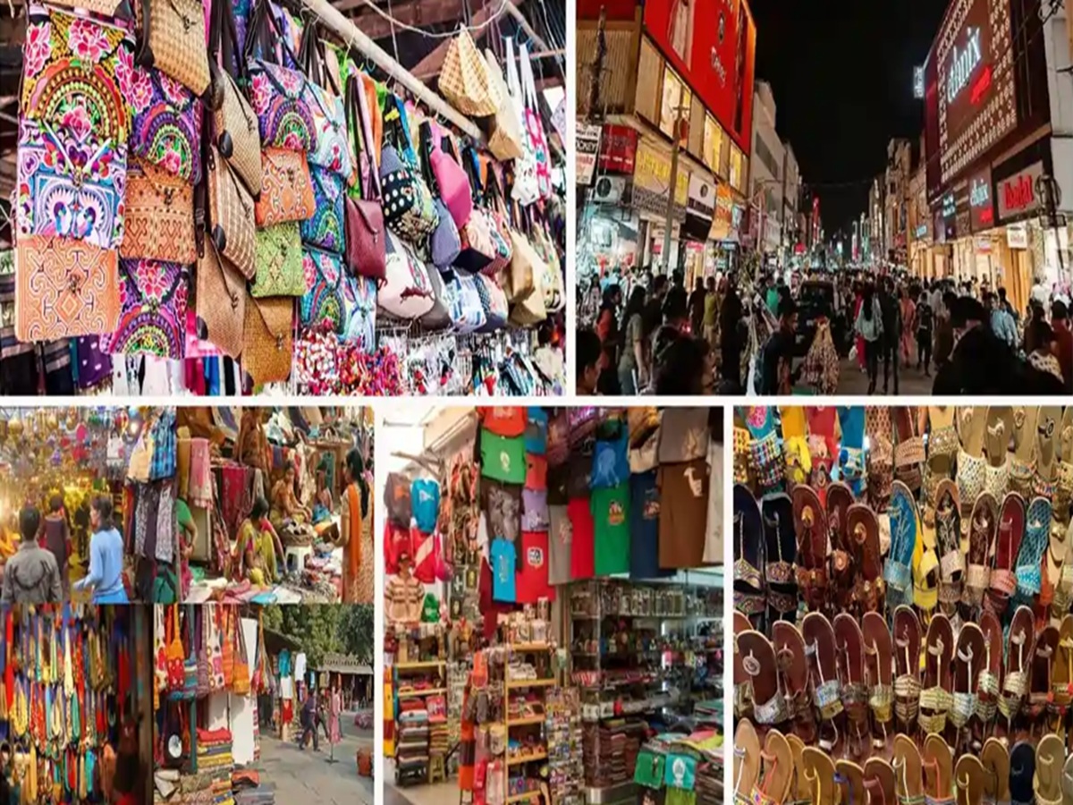 Busy shoppers exploring fashion stores and street vendors at Karol Bagh Market in Delhi
