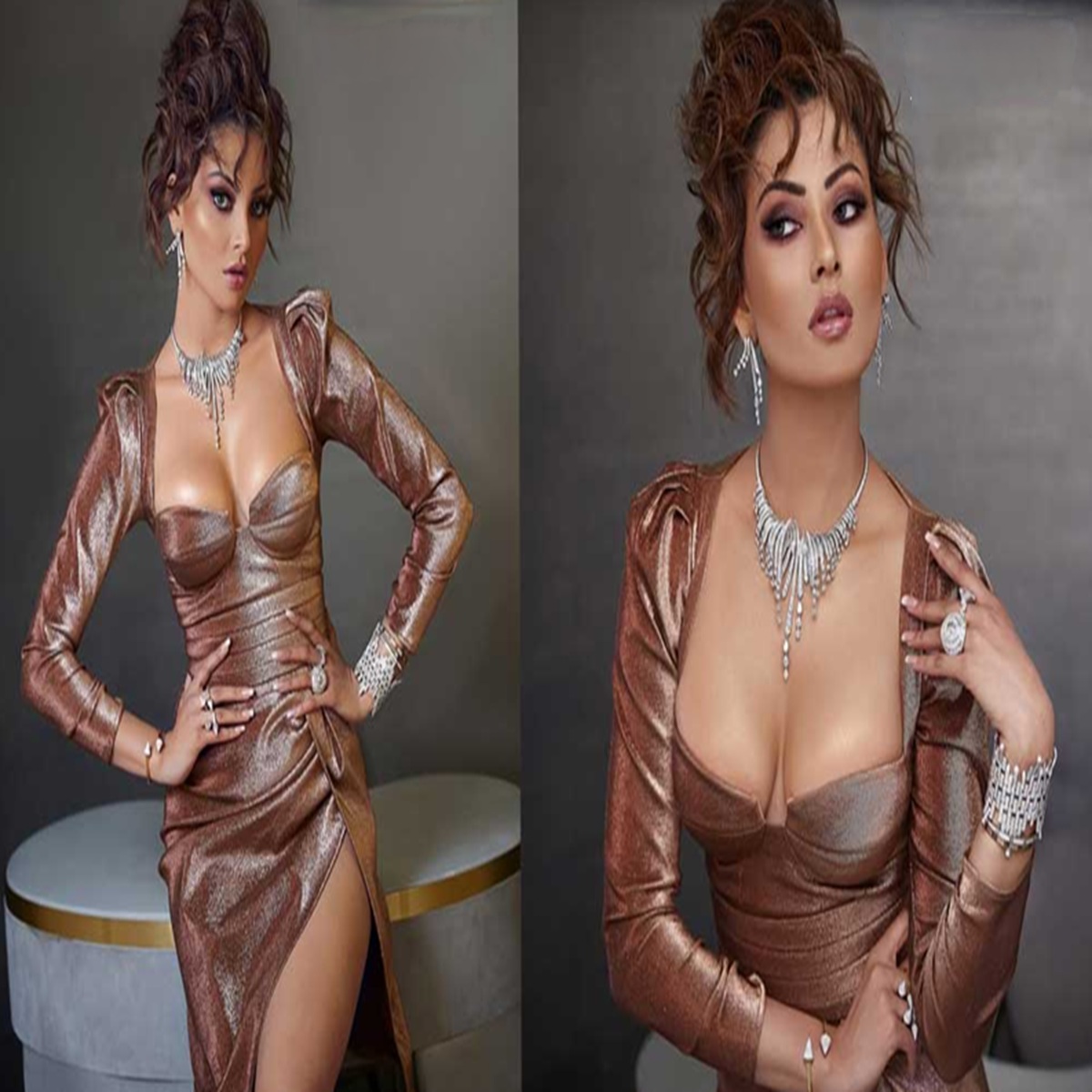 Urvashi Rautela in a golden shimmery gown with a thigh-high slit and silver necklace on Masala Magazine cover.