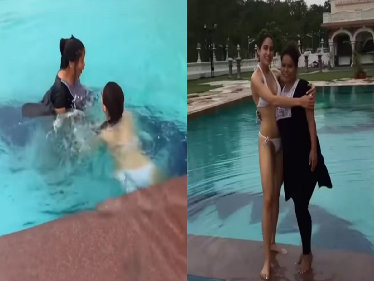 Sara Ali Khan in a white bikini pushes a fully dressed staff member into the pool during a prank