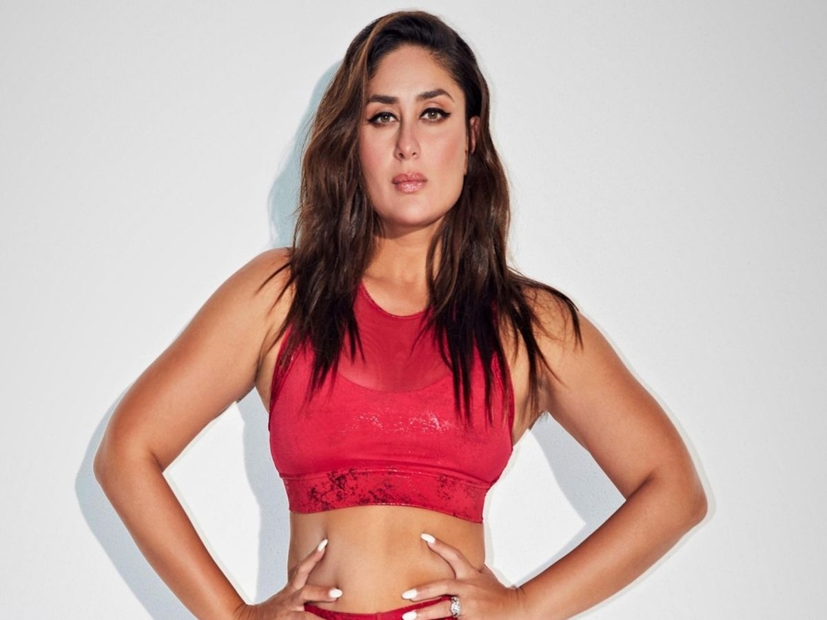 Kareena Kapoor in a red sports outfit at the gym.