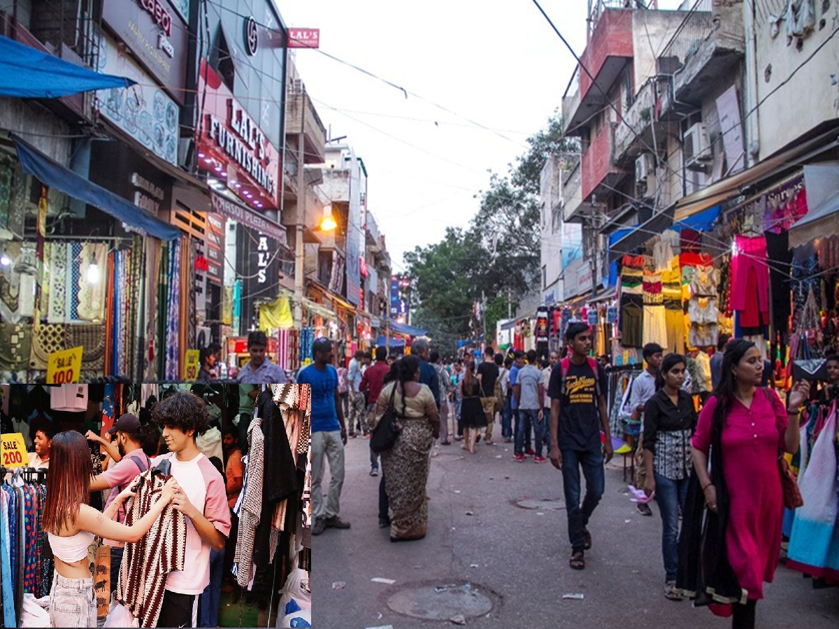 Shoppers browsing trendy clothes and accessories at Sarojini Nagar Market in Delhi