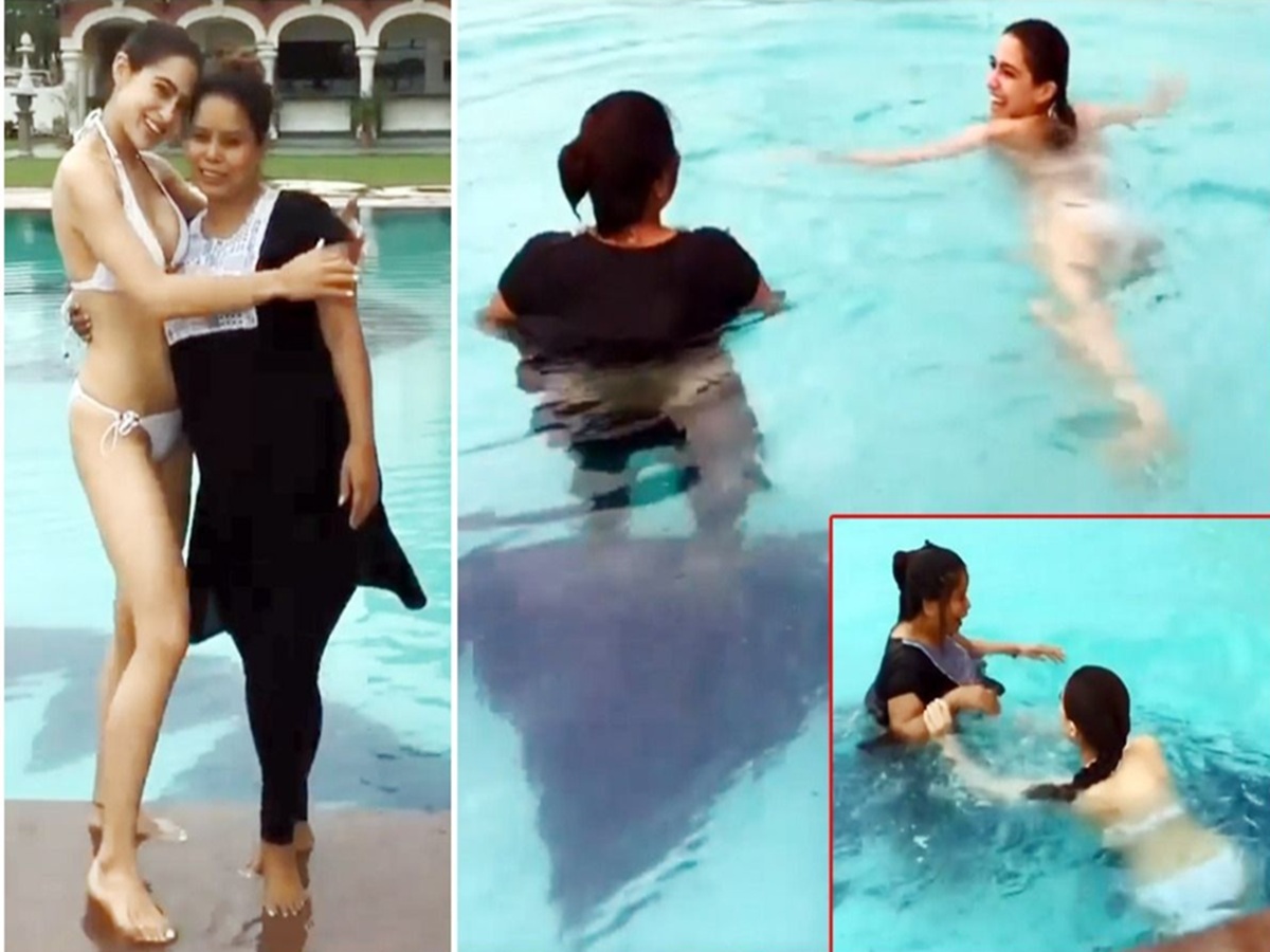 Sara Ali Khan in a bikini pranks her spot girl Jharu by pushing her into a pool before jumping in herself