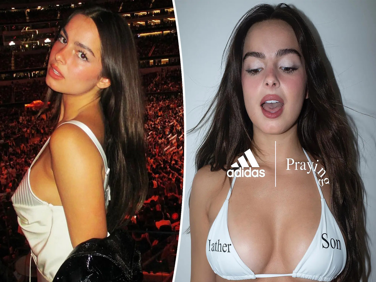Addison Rae in a white bikini with "Father" and "Son" written on the top, drawing attention and controversy during her collaboration with the brand Praying.