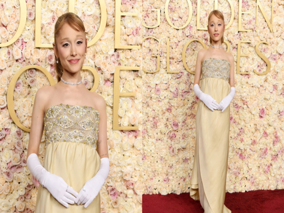 Ariana Grande in a buttercream-yellow vintage Givenchy gown at the 2025 Golden Globes.