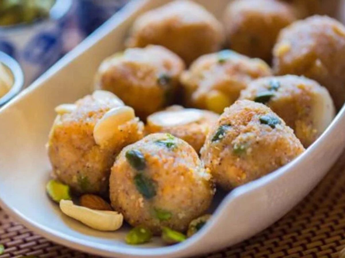 Golden laddus lined up at Thaggu ke Laddu shop in Kanpur