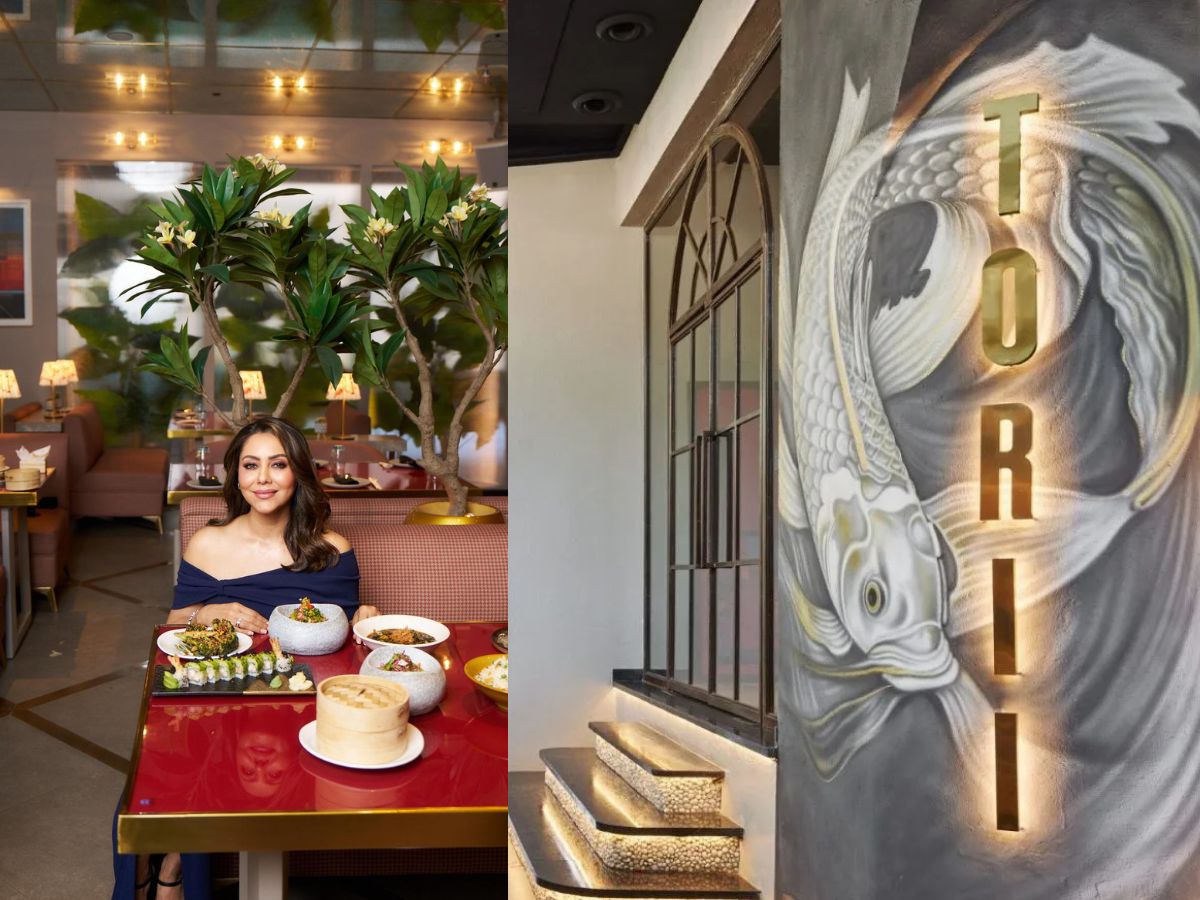 Contemporary indoor dining area with patterned chairs, wall-mounted art, and greenery under a glass roof at One8 Commune.