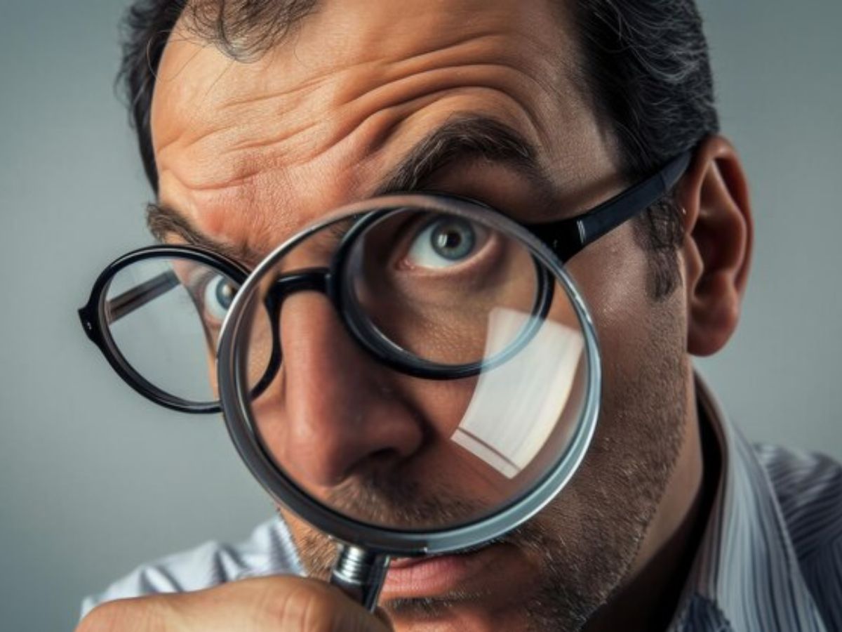A person holding a magnifying glass, looking closely at text.
