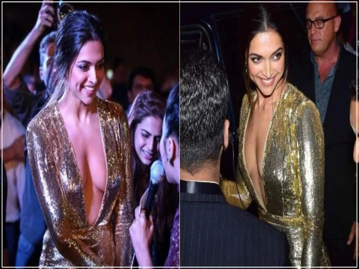 Actress in a golden shimmery gown with a plunging neckline at an event, experiencing a wardrobe malfunction.