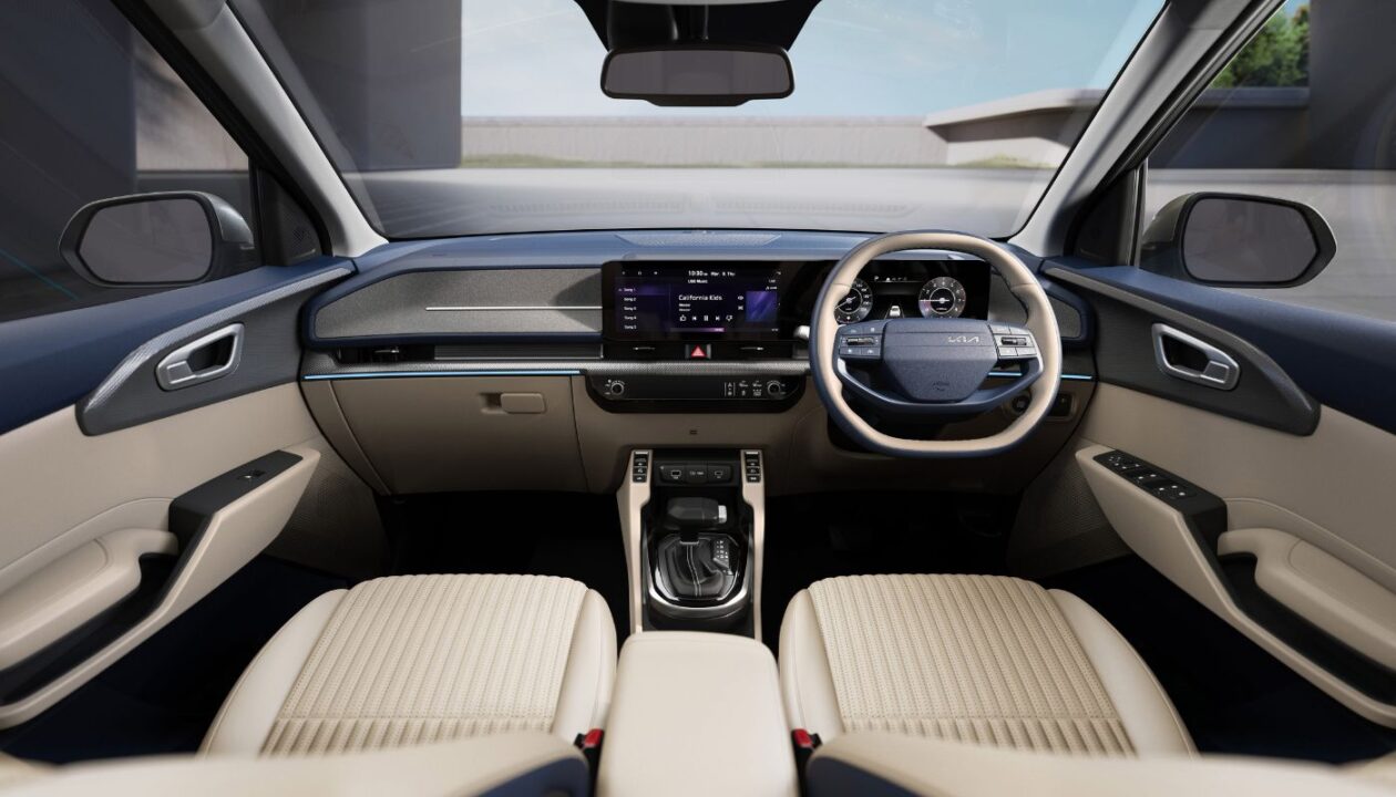 Kia Carens Clavis EV interior highlighting dual screens and premium features