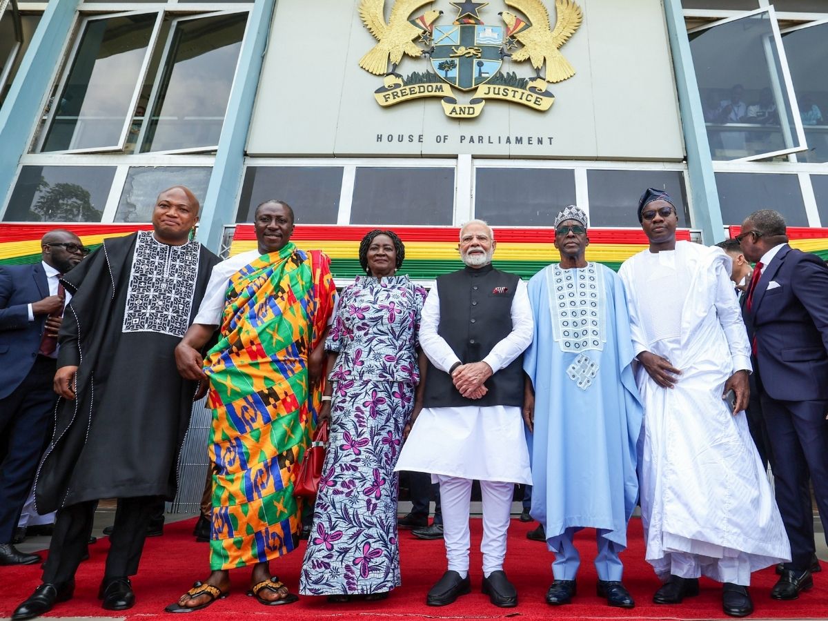 Prime Minister Narendra Modi poses for a group picture with Ghana Vice President, Professor Naana Jane Opoku-Agyemang, Speaker of Parliament of the Republic of Ghana Alban Bagbin, and others, after addressing the Parliament, in Accra. (ANI Photo)