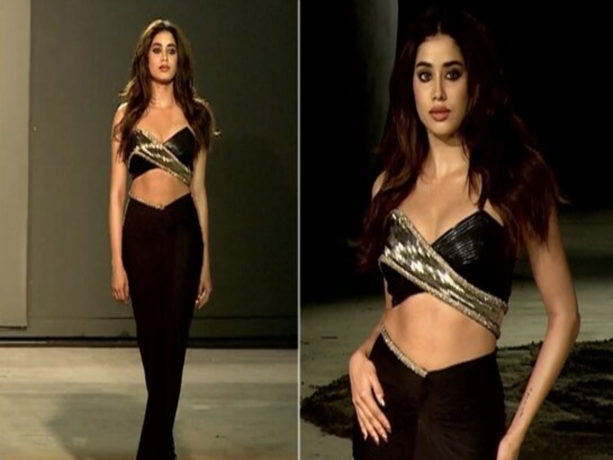 Janhvi Kapoor walking the runway in a striking outfit, exuding confidence and style in a captivating fashion show.