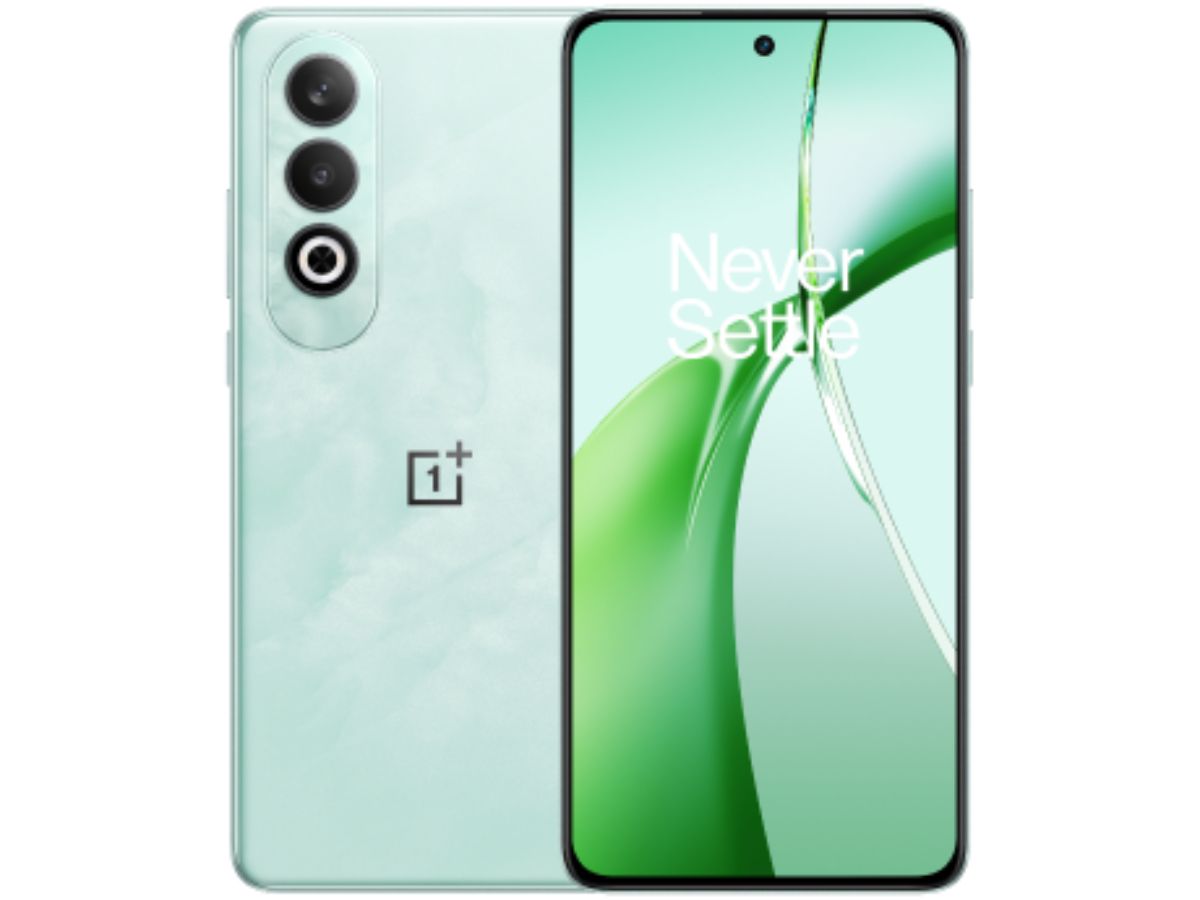 A light green smartphone, likely a OnePlus model, shown from both the back with its triple camera setup and the front with its display, emphasizing its contemporary design.