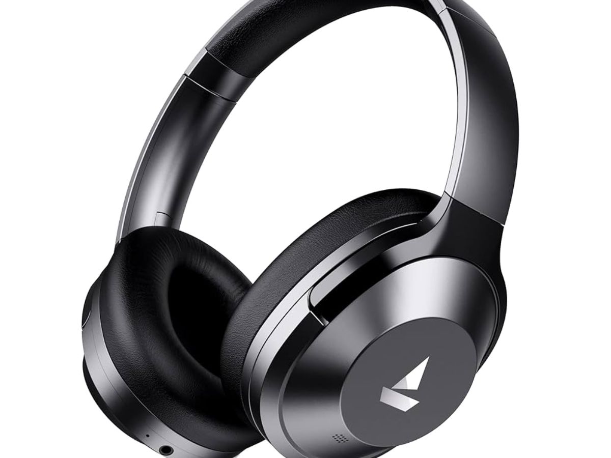 A sleek, dark grey over-ear headphone with the 'boat' logo visible on the earcup, suggesting high-quality audio