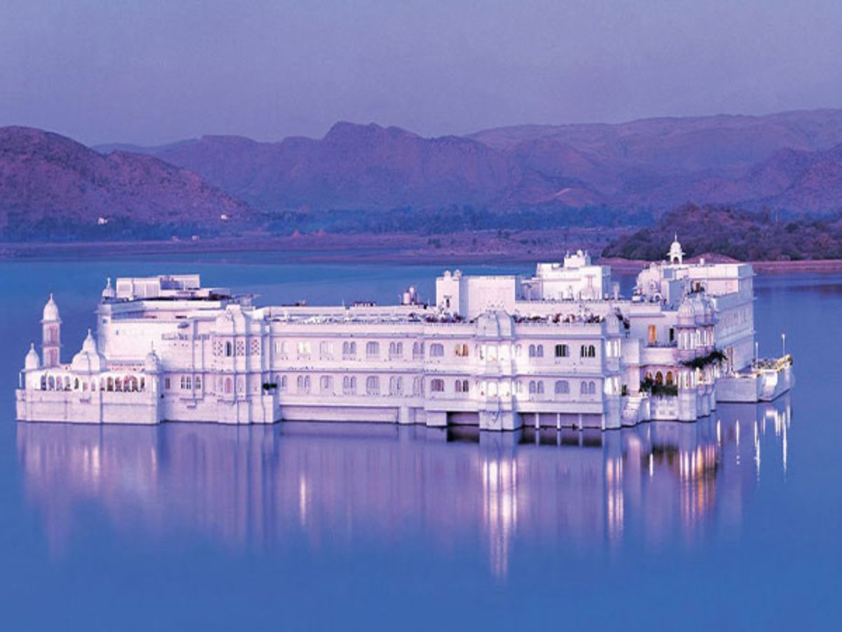 Taj Lake Palace in the middle of Lake Pichola decorated for a wedding