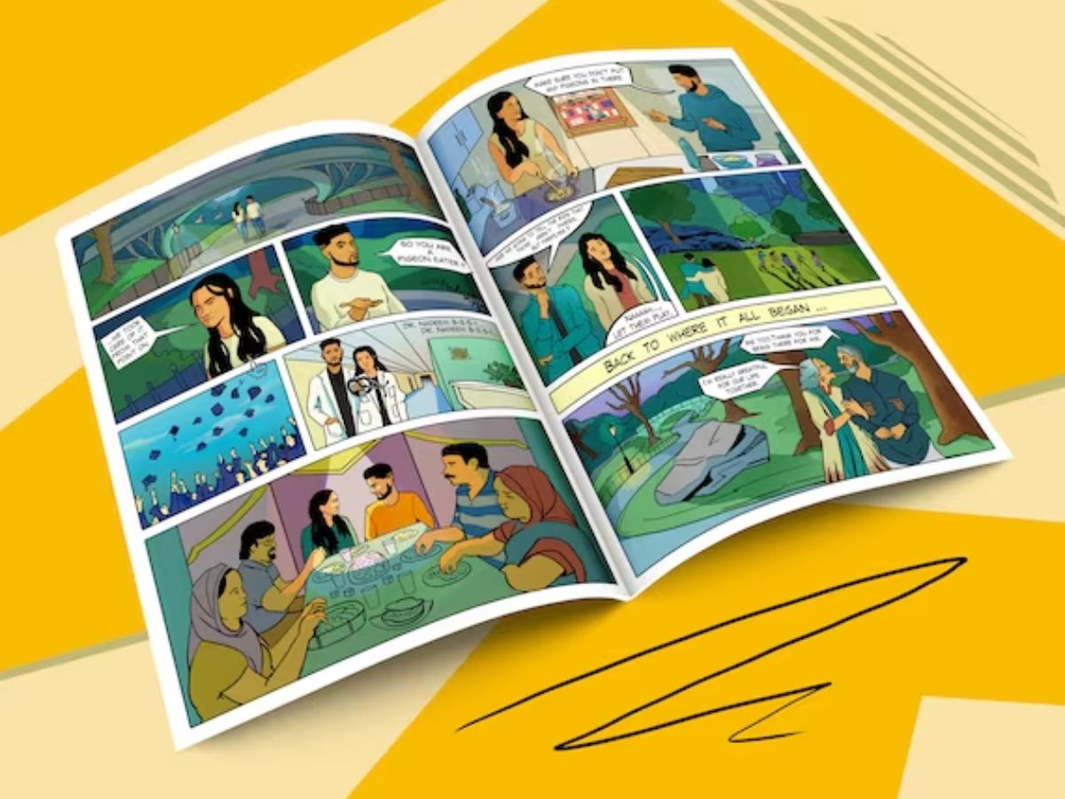 An open, personalized comic book featuring custom-illustrated panels that depict a narrative story about a couple's journey.