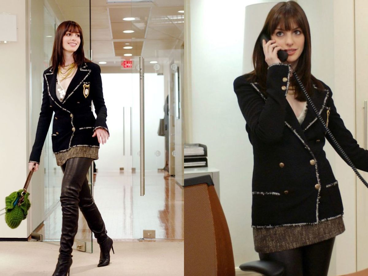 This classic look demonstrates Andy's dramatic style transformation at Runway, fusing military-chic cool with fearless leather and an injection of bright green, marking her increasing confidence in the world of high fashion.