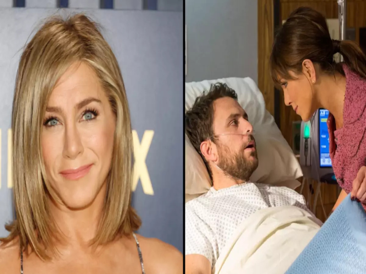 A still from "Horrible Bosses 2" referencing the deleted scene involving Jennifer Aniston's character and a comatose male character, emphasizing the controversy surrounding the portrayal of non-consensual acts.