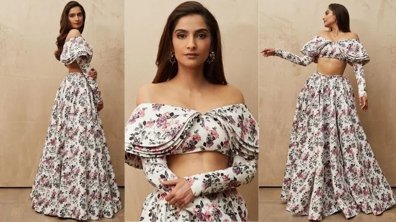 Sonam Kapoor wearing a pastel suit with a dupatta attached