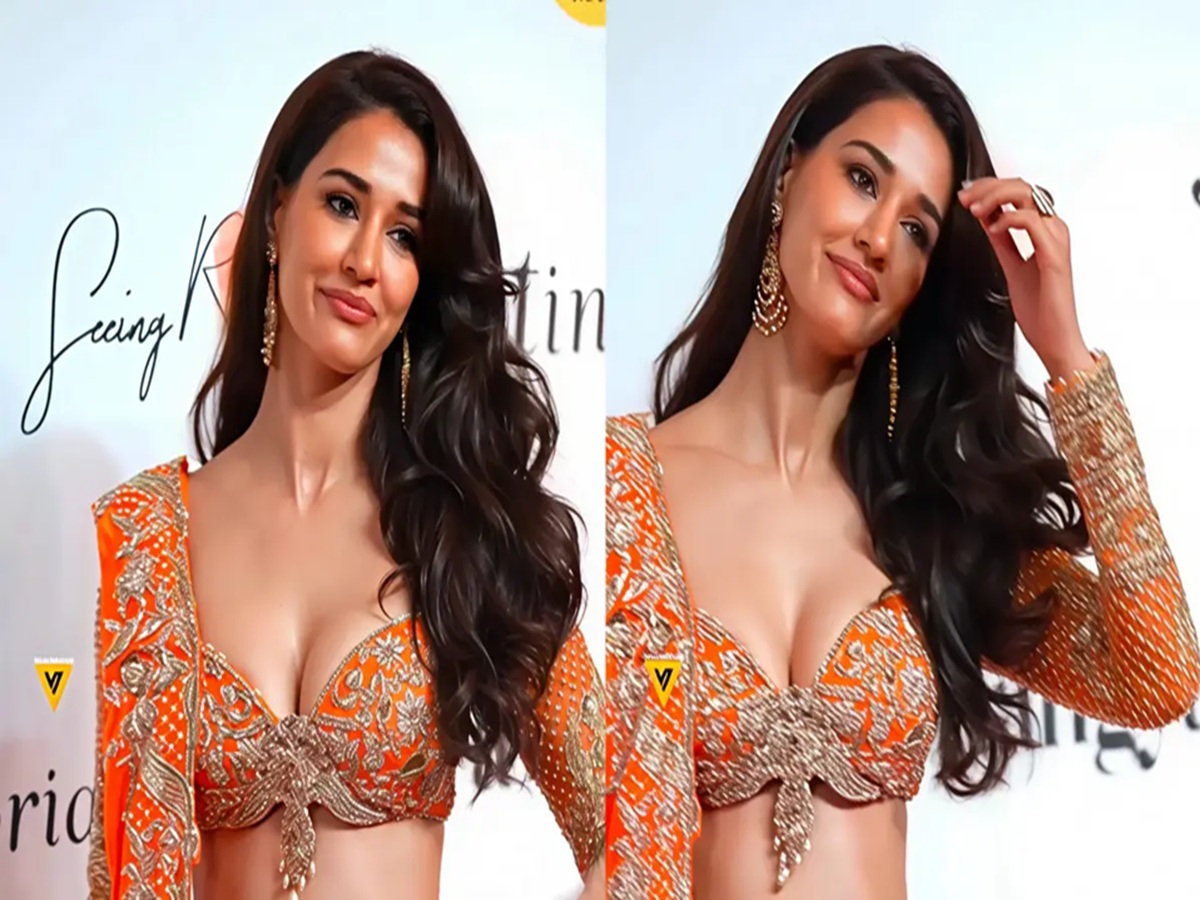 Disha Patani stuns in a green saree with a bralette blouse and a deep neckline, flaunting her abs at a Diwali celebration.