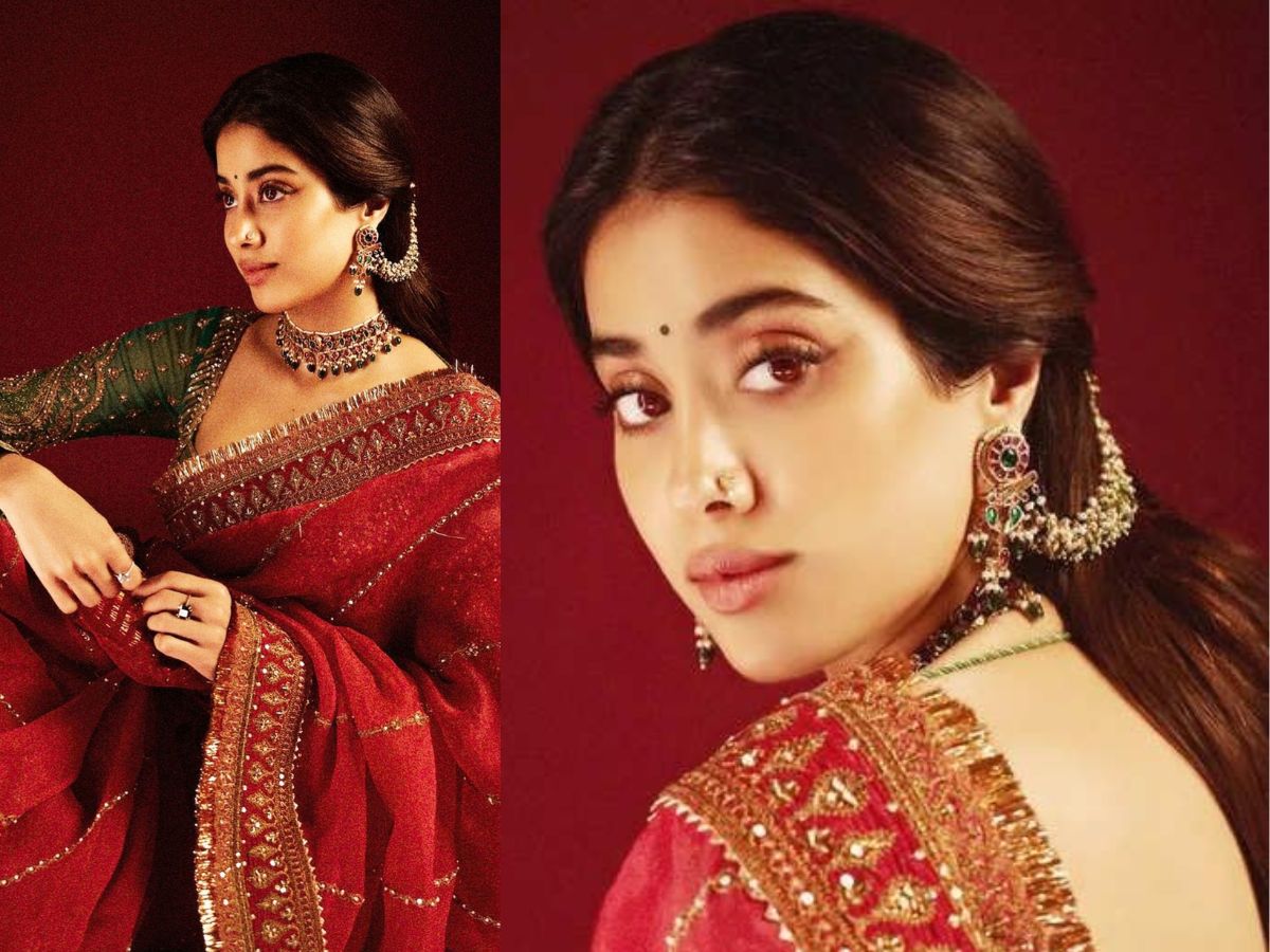 Red saree with heavy jewelry