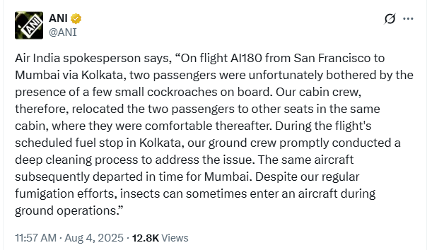 Cockroaches Found On Air India Flight AI180, Aircraft Taken Out Of Service At Kolkata