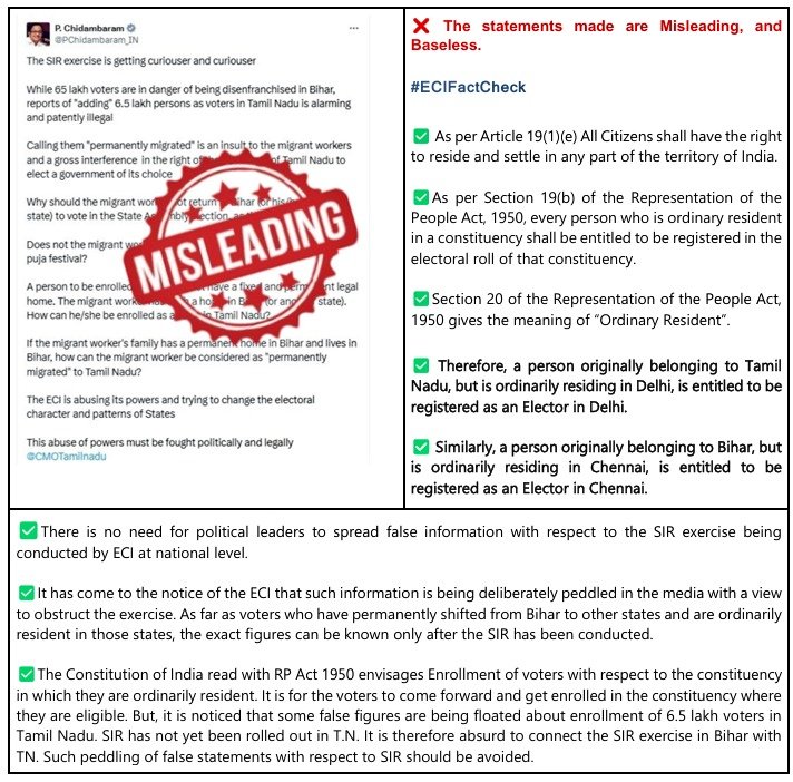 Election Commission Rebuts Chidambaram’s Claim On Inclusion Of Migrant Voters In Tamil Nadu