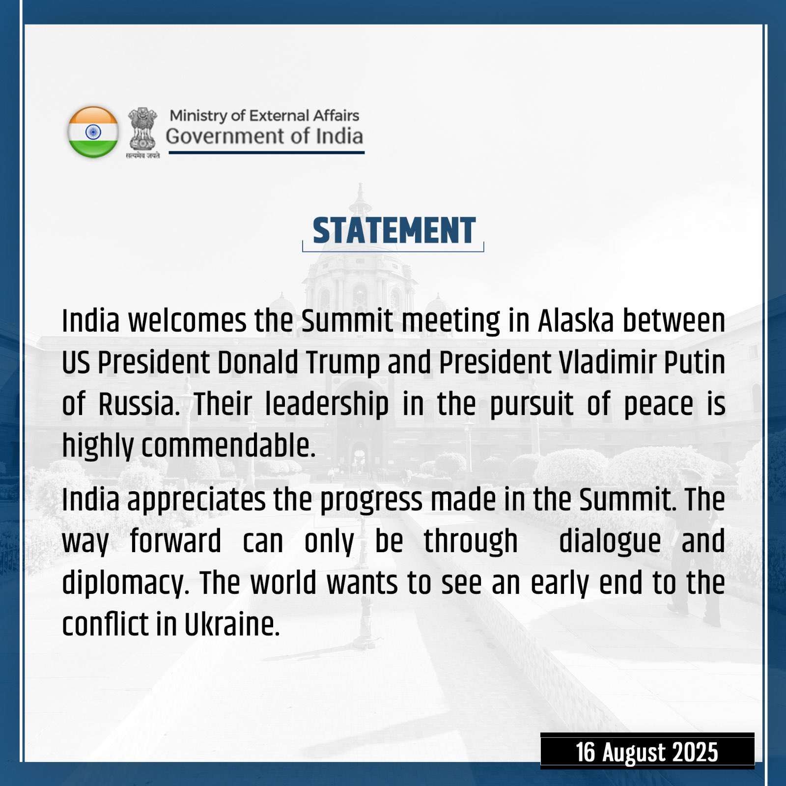 ‘Summit Is Commendable In Pursuit Of Piece’: India Welcomes Trump-Putin Meeting In Alaska