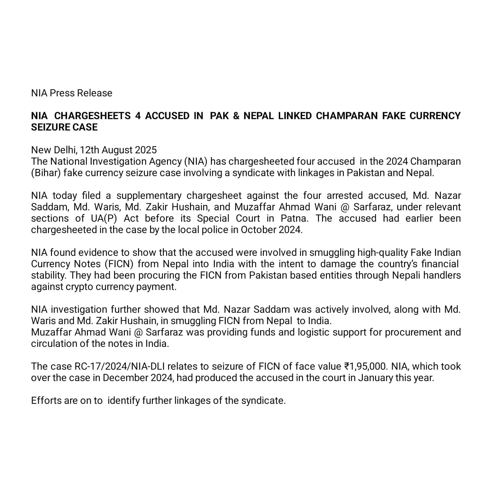 NIA Chargesheets Four Accused in Pak, Nepal Linked Champaran Fake Currency Seizure Case
