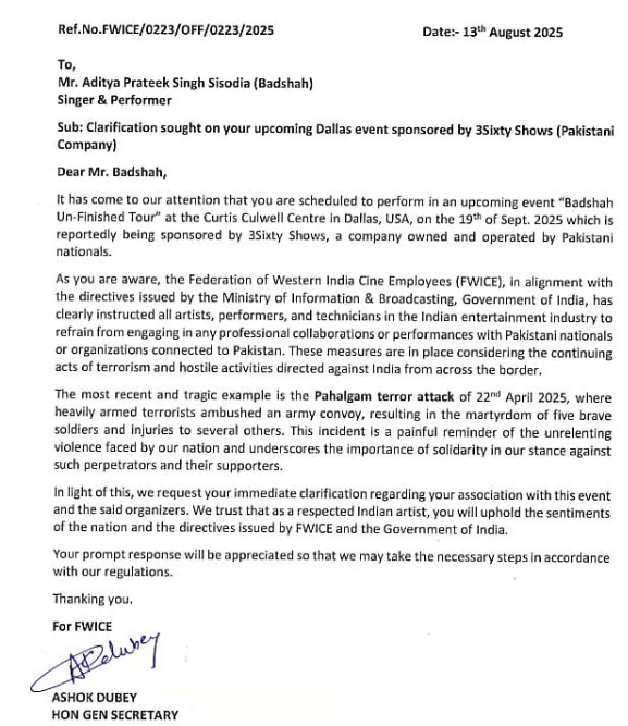 After Kartik Aaryan, FWICE Seeks Clarification From Badshah On Pakistani Sponsor Allegations