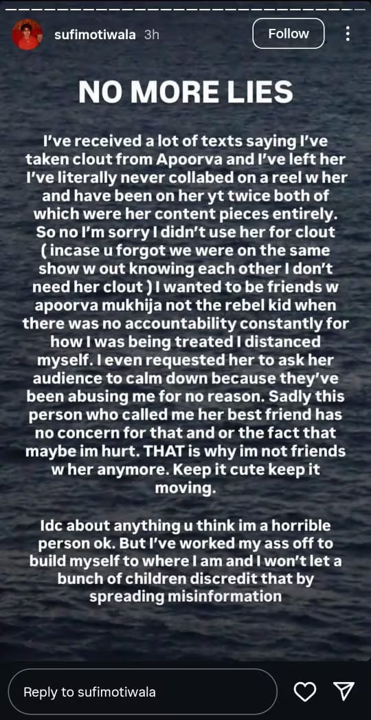 Sufi Motiwala distanced himself from Apoorva