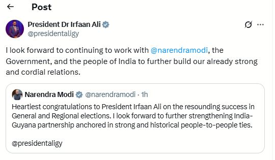 PM Modi congratulates Guyana's President Irfaan Ali on election win