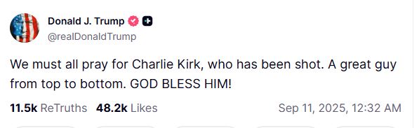 "We must all pray": Trump after conservative activist Charlie Kirk shot at Utah University event