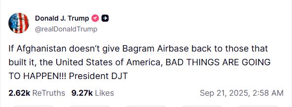 "Bad things are going to happen": Trump warns Afghanistan over Bagram Air Base