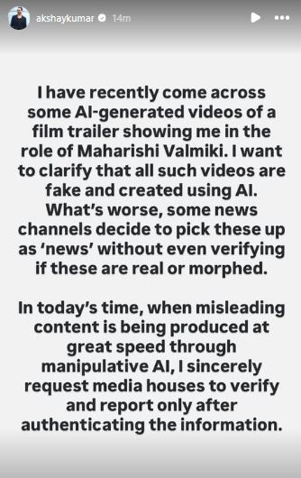 Akshay Kumar calls out AI-generated film trailer showing him as 'Maharishi Valmiki', says "misleading content is being produced at great speed"