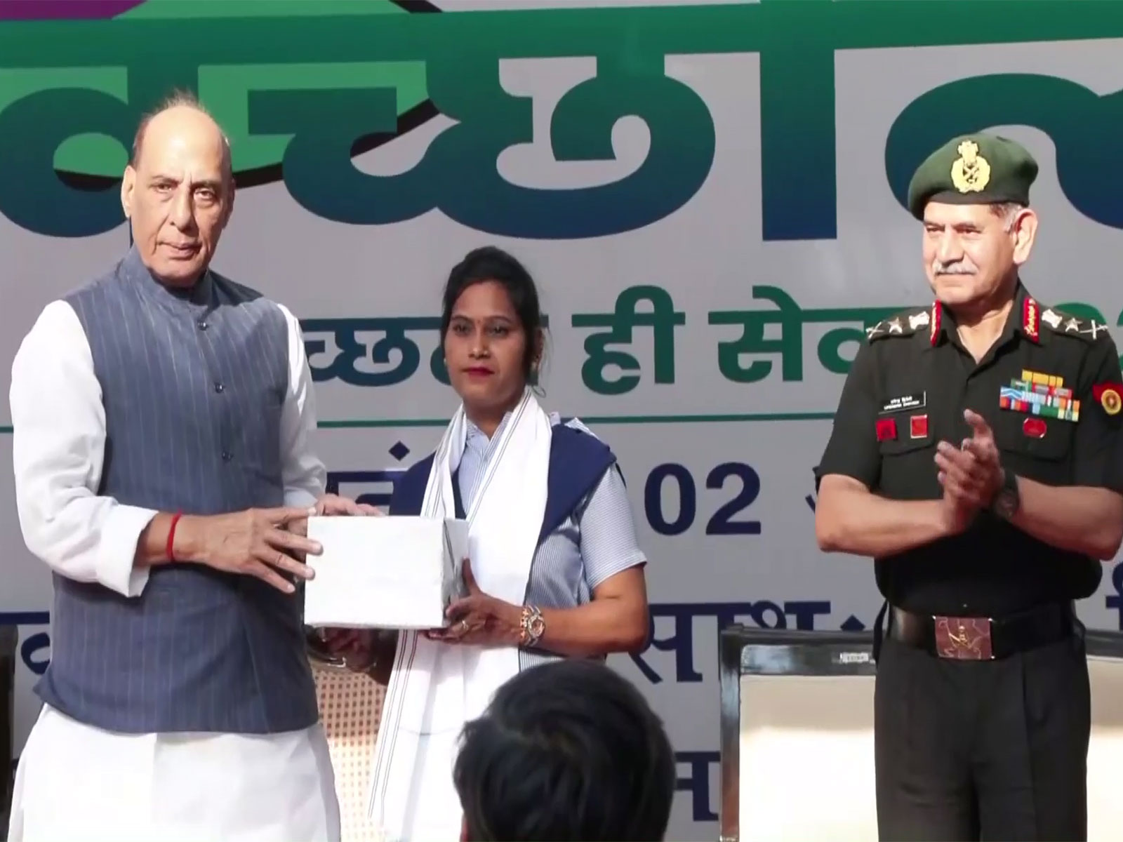 Defence Minister Rajnath Singh felicitates sanitation workers as part of 'Swacchata hi Sewa' campaign; plants sapling at Army Headquarters