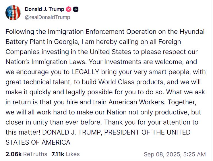 "Encourage you to LEGALLY bring very smart people": Trump after ICE raid in Georgia