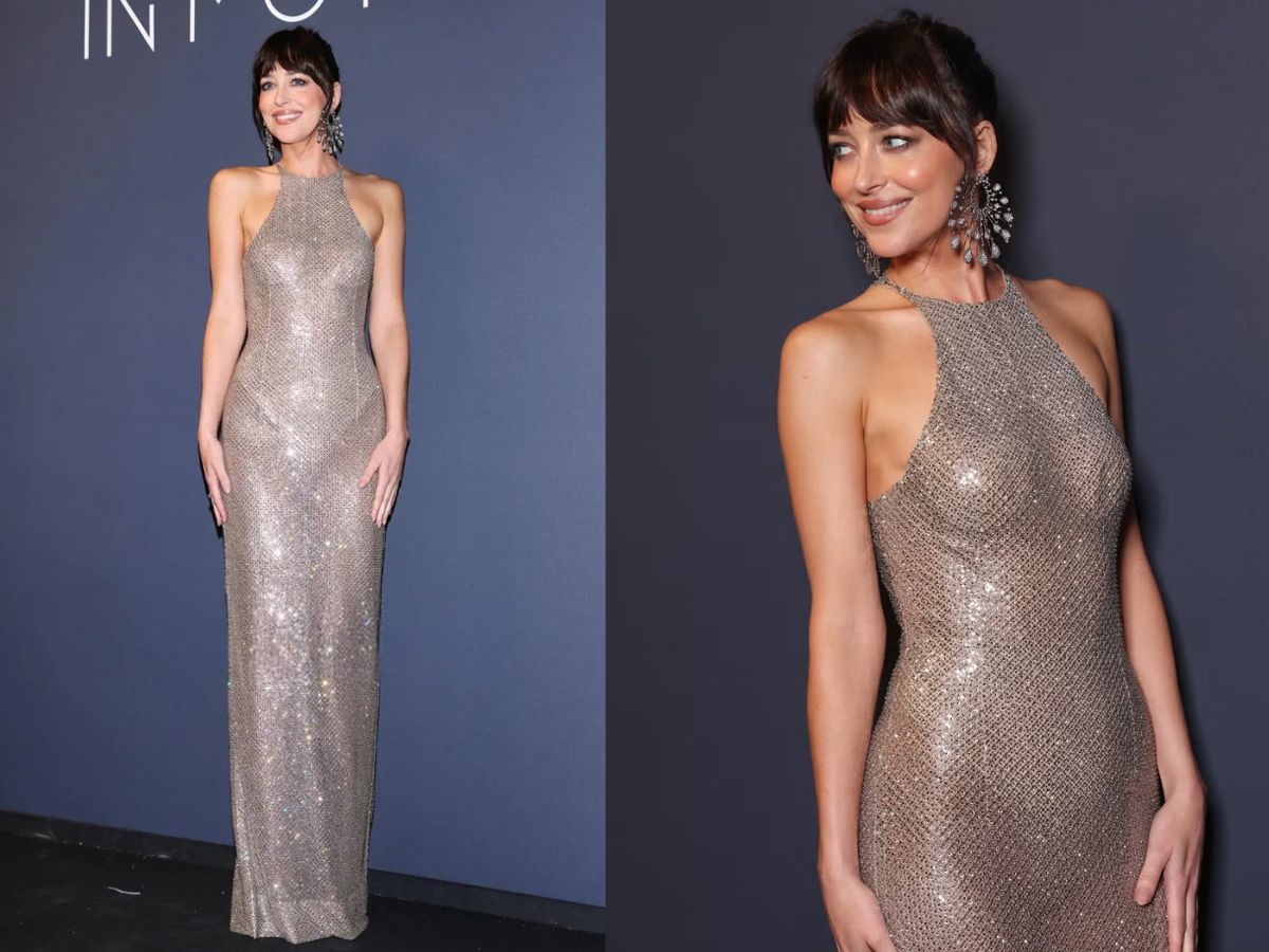 Dakota Johnson in Shimmering Metallic Gown