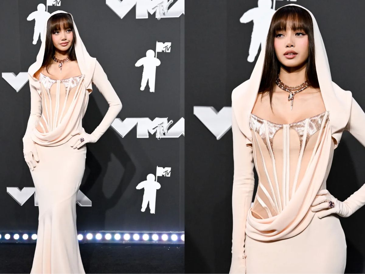 Blackpink Lisa in Nude Hooded Gown